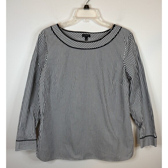 TALBOTS Piped Poplin Tunic Women Large B/W Striped LS Boat Neck Top Nautical - Picture 2 of 12